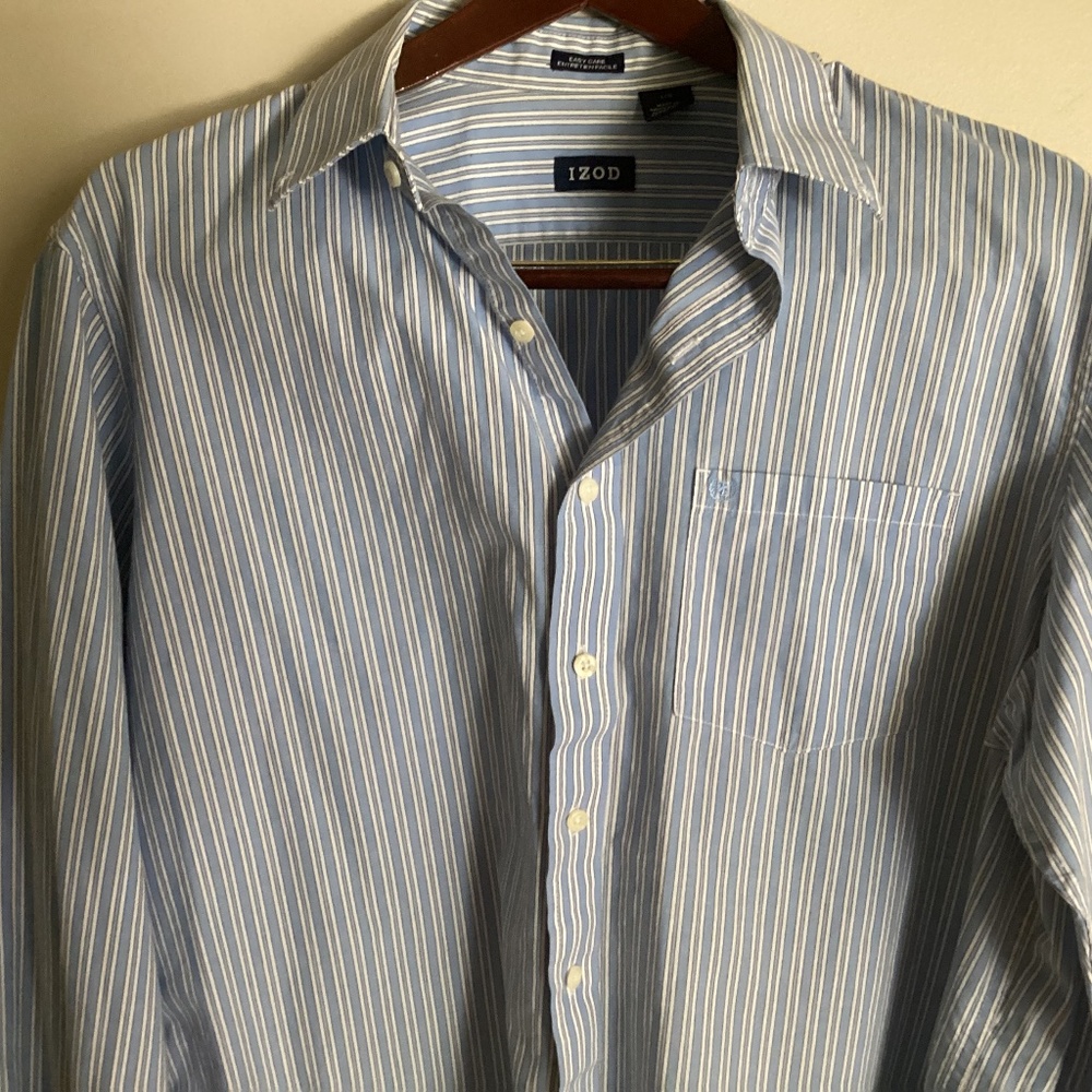 MENS IZod Easy Care Blue/White Striped Button Down Long Sleeve Size Large